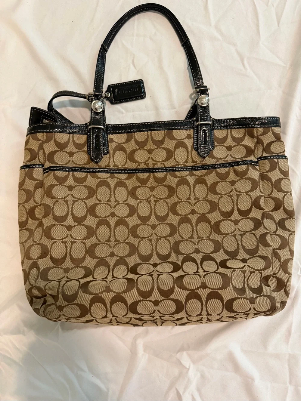 Coach F13566 Signature Jacquard Tote Bag Brown Black Leather Shoulder Purse